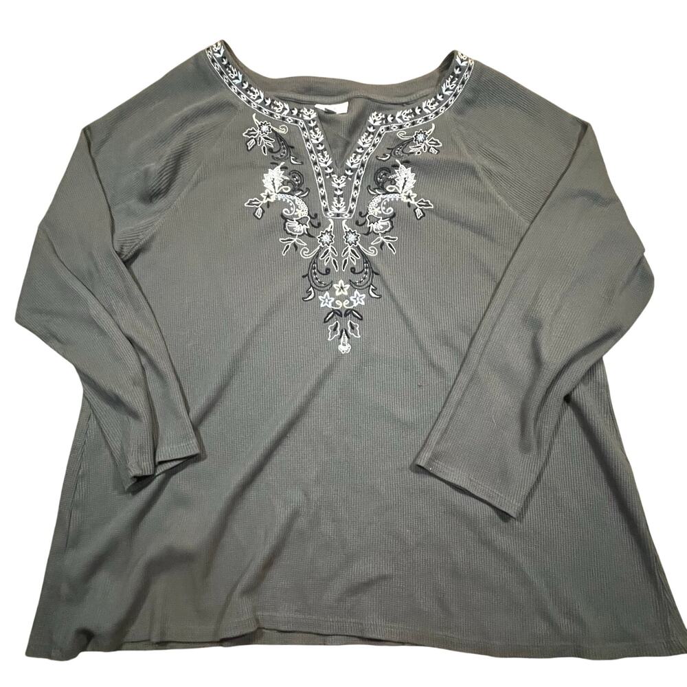 J Jill XL Gray Embroidered Tunic Top‎ Long Sleeve Boho Casual Floral